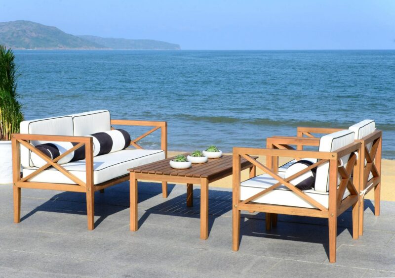 Safavieh Nunzio 4-Piece Eucalyptus Wood Outdoor Set in Teak Brown/Beige
