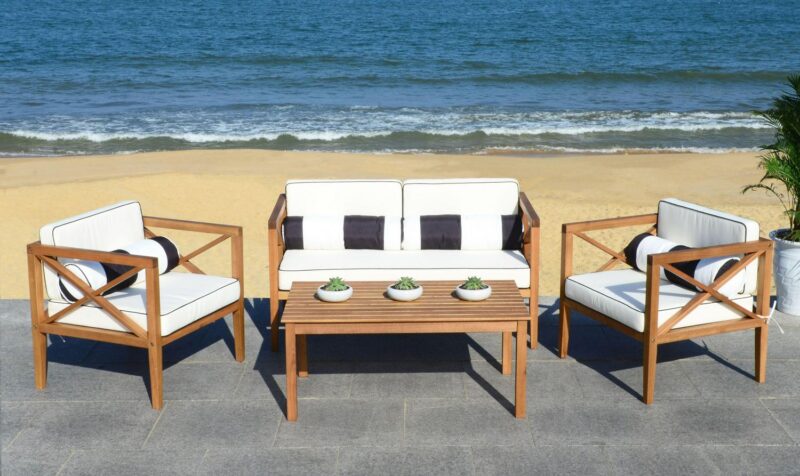 Safavieh Nunzio 4-Piece Eucalyptus Wood Outdoor Set in Teak Brown/Beige - Image 3