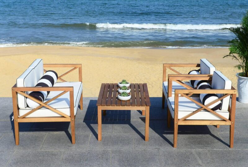 Safavieh Nunzio 4-Piece Eucalyptus Wood Outdoor Set in Teak Brown/Beige - Image 5