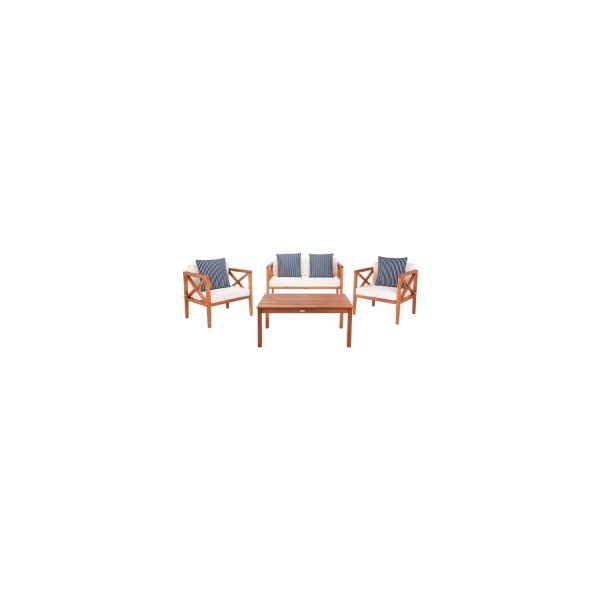Safavieh Outdoor Montez 4-Piece Conversation Patio Set with Accent Pillows Natural/Beige/NavyWhite