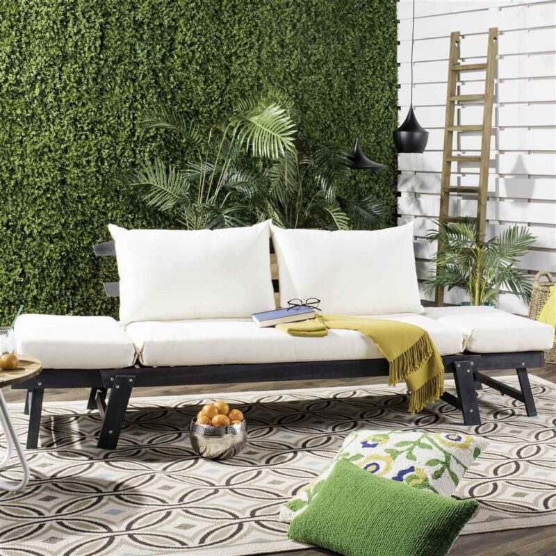 Safavieh Tandra Acacia Wood/Polyester Outdoor Daybed in Dark Slate Gray/Beige - Image 4