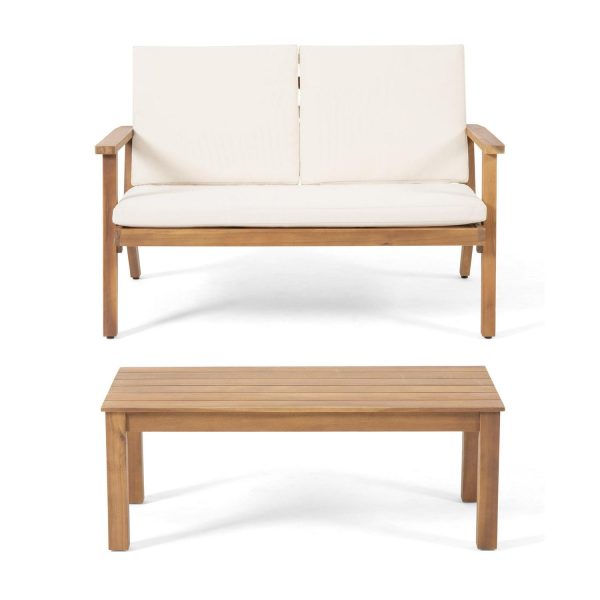 Sasha Acacia Wood Outdoor Loveseat and Coffee Table Set with Cushions, Brown Patina, Cream