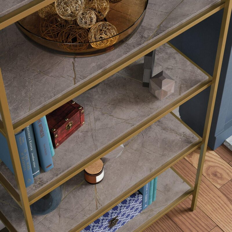 Sauder International Lux 5-Shelf Metal Frame Bookcase, Gold Satin/Faux Deco Stone Finish - Image 5
