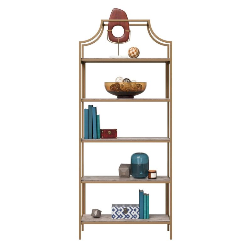 Sauder International Lux 5-Shelf Metal Frame Bookcase, Gold Satin/Faux Deco Stone Finish - Image 8