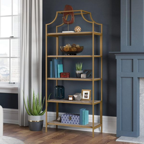Sauder International Lux 5-Shelf Metal Frame Bookcase, Gold Satin/Faux Deco Stone Finish