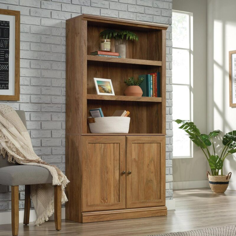 Sauder Transitional 3-Shelf 2-Door Bookcase, Sindoori Mango Finish