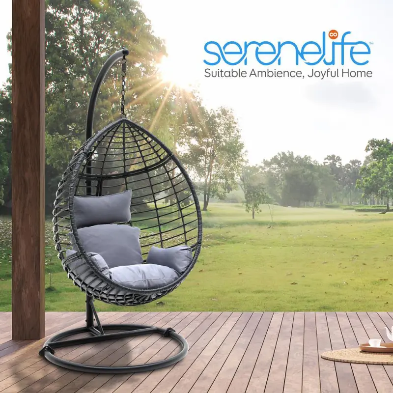 SereneLife Hanging Egg Indoor Outdoor Patio Wicker Rattan Lounge Chair with Stand SLGZ0EGG (Gray) - Image 8