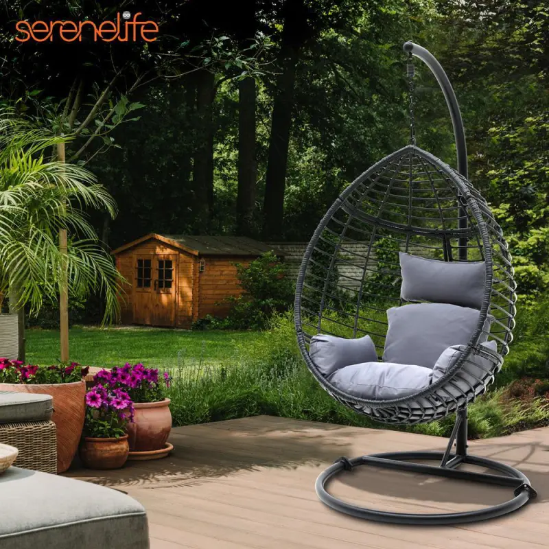 SereneLife Hanging Egg Indoor Outdoor Patio Wicker Rattan Lounge Chair with Stand SLGZ0EGG (Gray) - Image 7