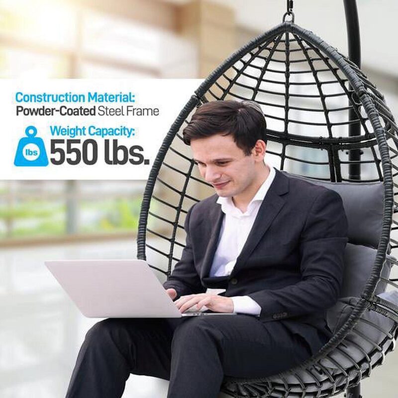 SereneLife Hanging Egg Indoor Outdoor Patio Wicker Rattan Lounge Chair with Stand SLGZ0EGG (Gray) - Image 2