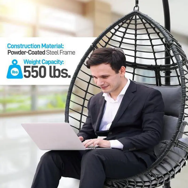 SereneLife Hanging Egg Indoor Outdoor Patio Wicker Rattan Lounge Chair with Stand SLGZ0EGG (Gray) - Image 2