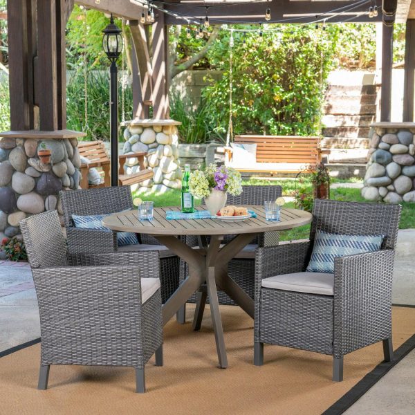 Sterling Outdoor 5 Piece Wood and Wicker Dining Set with Cushions, Gray, Gray