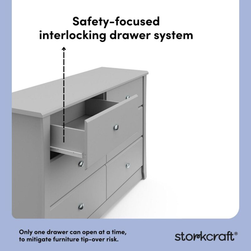 Storkcraft Crescent 6 Drawer Nursery Double Dresser, Pebble Gray - Image 7