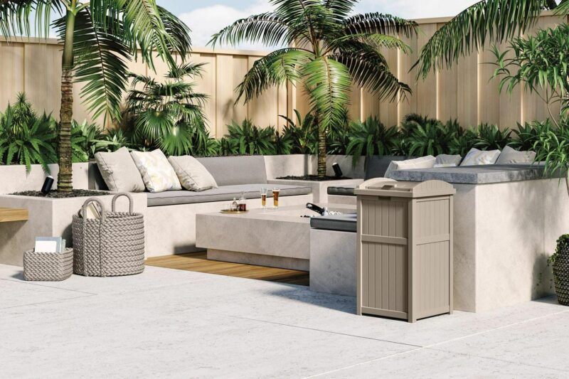 Suncast Resin Hideaway Outdoor Trash Can with Latching Lid, Taupe - Image 6