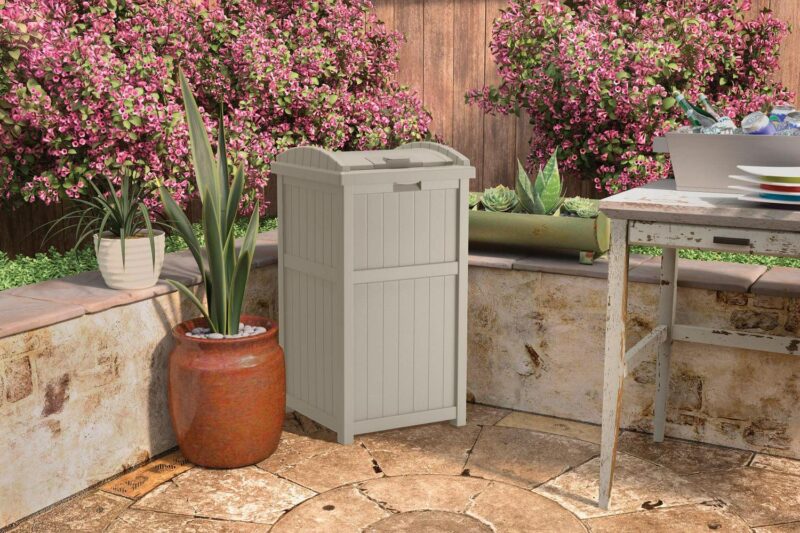Suncast Resin Hideaway Outdoor Trash Can with Latching Lid, Taupe - Image 8