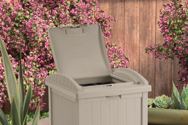 Suncast Resin Hideaway Outdoor Trash Can with Latching Lid, Taupe - Image 9