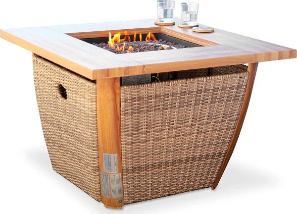 Sunjoy 38 Inch Smokeless Fire Pit Outdoor Wicker Propane Gas Fire Pit Table Hidden Propane Tank Fire Pits with Lid and Lava Rocks