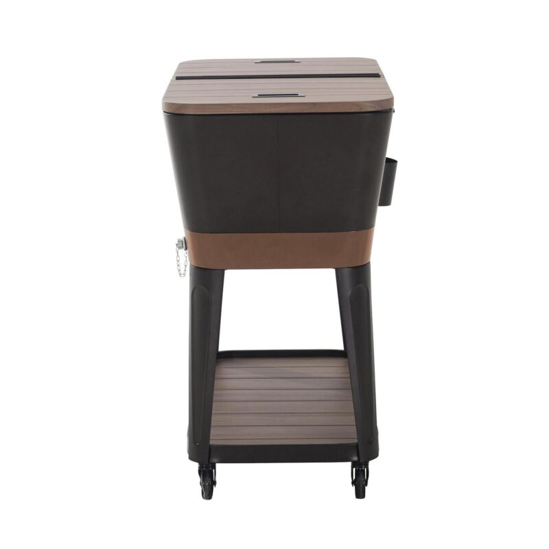 Sunjoy 80-Quart Wood Grain Finish Metal Rolling Ice Chest Cooler Cart with Storage Shelf, Steel Bottle Opener, and Lockable Wheels, Copper - Image 5