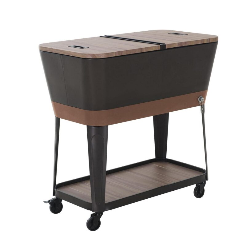 Sunjoy 80-Quart Wood Grain Finish Metal Rolling Ice Chest Cooler Cart with Storage Shelf, Steel Bottle Opener, and Lockable Wheels, Copper - Image 4