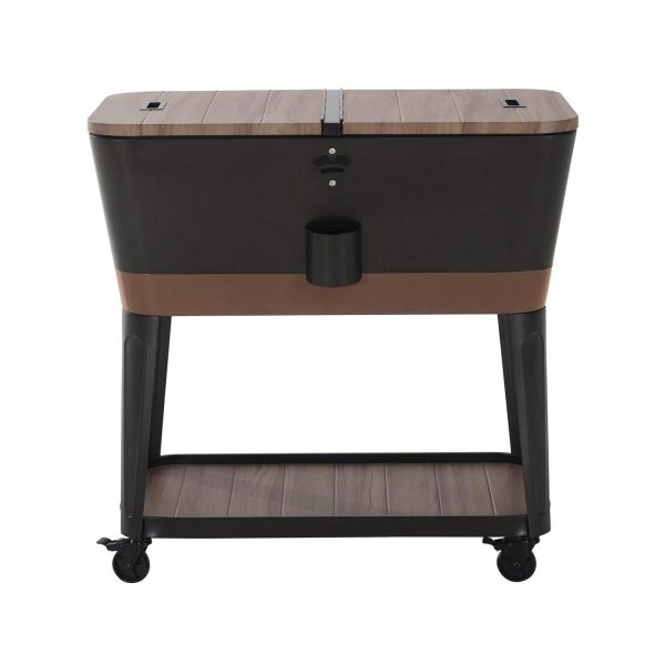 Sunjoy 80-Quart Wood Grain Finish Metal Rolling Ice Chest Cooler Cart with Storage Shelf, Steel Bottle Opener, and Lockable Wheels, Copper