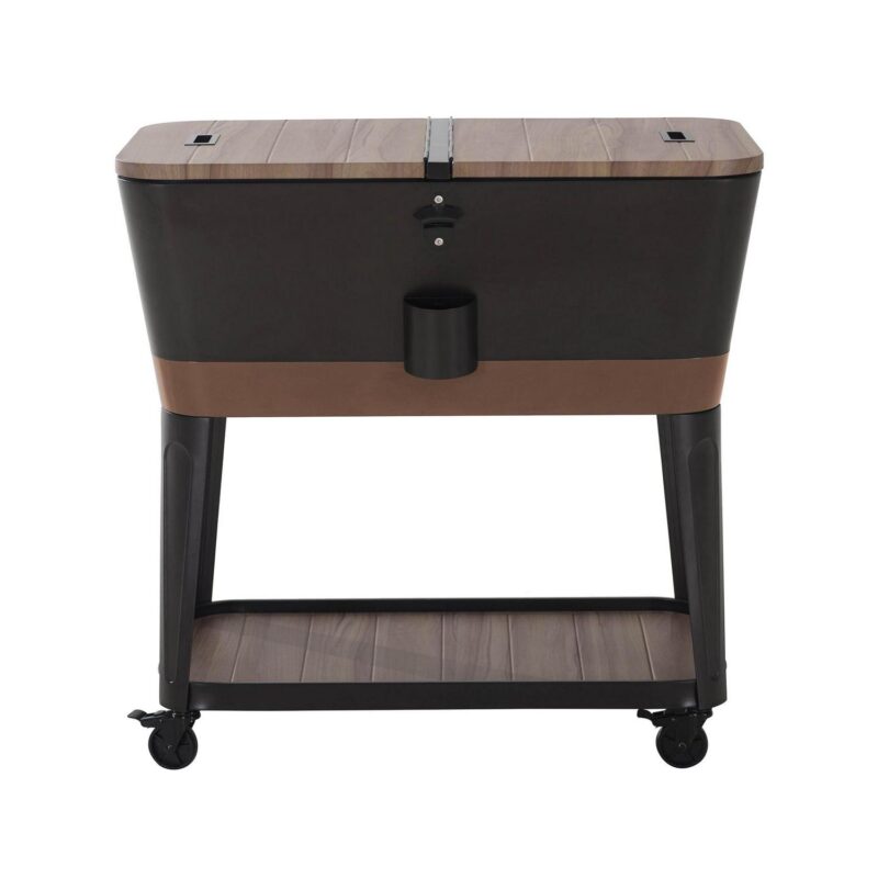 Sunjoy 80-Quart Wood Grain Finish Metal Rolling Ice Chest Cooler Cart with Storage Shelf, Steel Bottle Opener, and Lockable Wheels, Copper