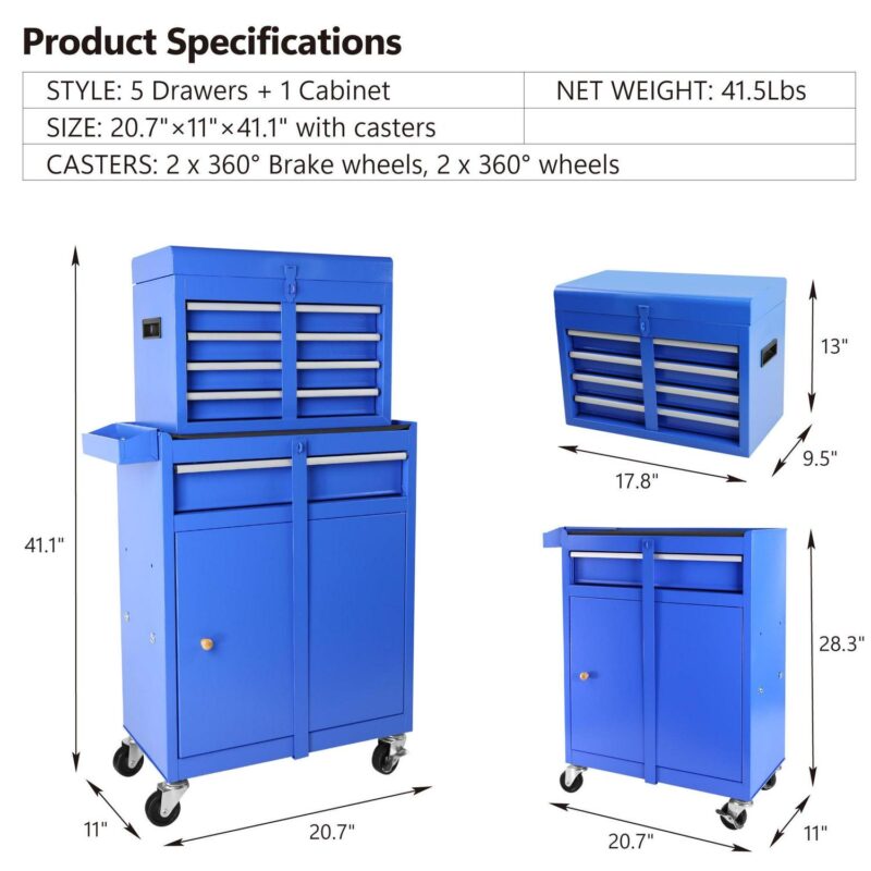 Tool Chest, 5-Drawer Rolling Tool Storage Cabinet with Detachable Top Tool Box - Image 5