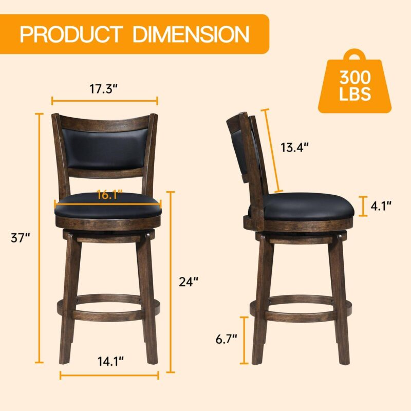 TrumanPick 24 Inch Counter Height Swivel Bar Stool Set of 2 Upholstered Pub Height Barstools with Back Chair Seat for Kitchen Dinning room, Cappuccino Finish - Image 8