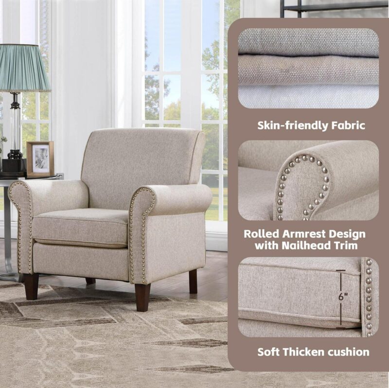 TrumanPick Mid-Century Fabric Accent Chair Single Sofa Comfy Upholstered Arm Chair Living Room Furniture, Modern Beige - Image 3