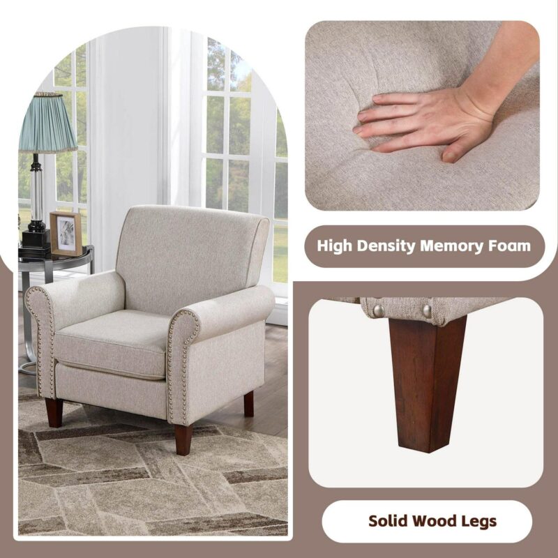 TrumanPick Mid-Century Fabric Accent Chair Single Sofa Comfy Upholstered Arm Chair Living Room Furniture, Modern Beige - Image 7