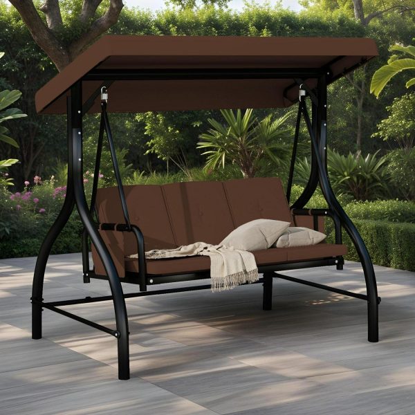 UFORIC 3 Person Outdoor Patio Swing Chair with Adjustable Canopy, Removable Cushion, Suitable for Garden(Brown)