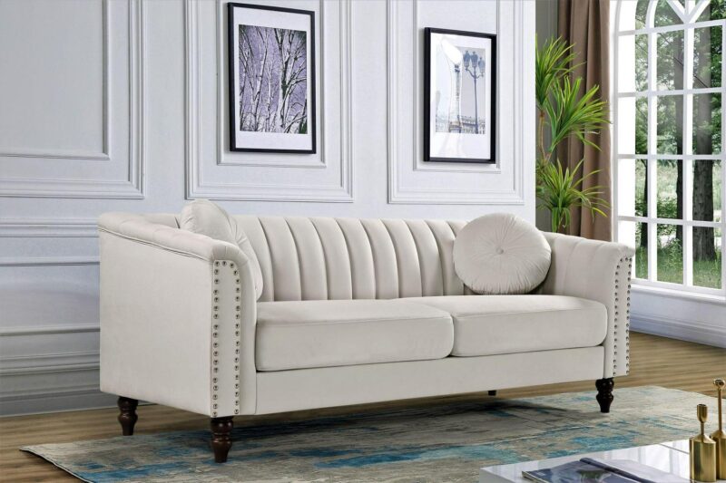 US PRIDE FURNITURE Hills Tufted Back Nailhead 75.2  Sofa-Ivory - Image 3