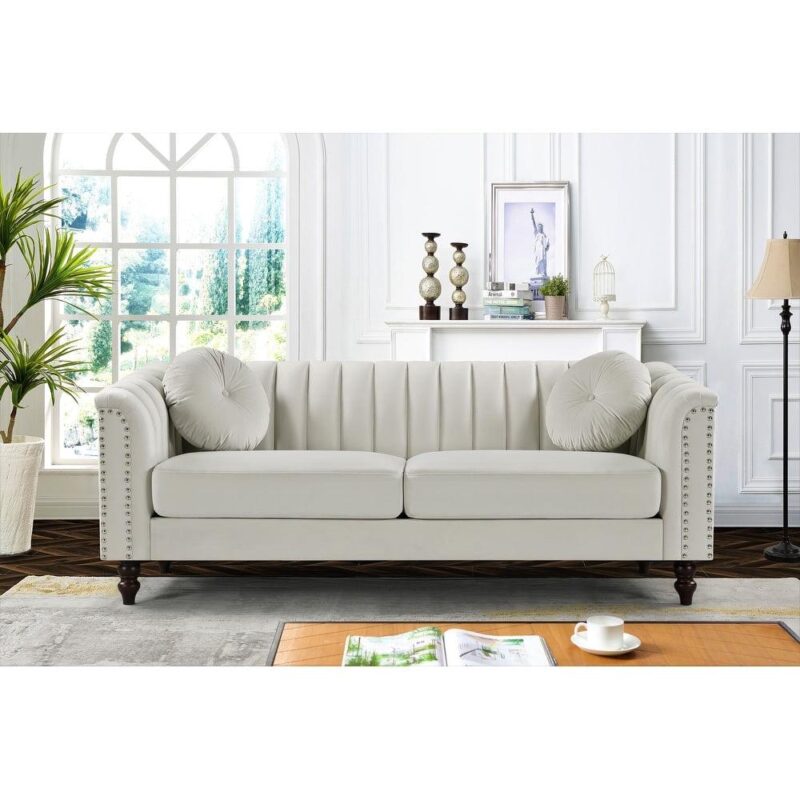 US PRIDE FURNITURE Hills Tufted Back Nailhead 75.2  Sofa-Ivory