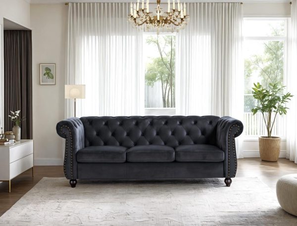 US Pride Furniture Chester 83 in. Wide Rolled Arm Velvet Modern Straight living Room Sofa, Black