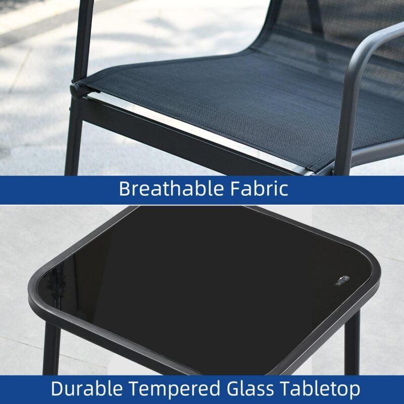Uforic 3 Pieces Outdoor Patio Conversation Set, Textilene Patio Bistro Set with Coffee Table, Modern Rocking Bistro Chair - Black - Image 6
