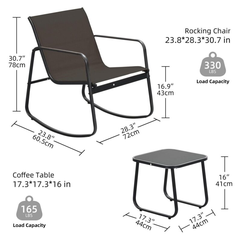 Uforic 3 Pieces Outdoor Patio Conversation Set, Textilene Patio Bistro Set with Coffee Table, Modern Rocking Bistro Chair - Black - Image 3