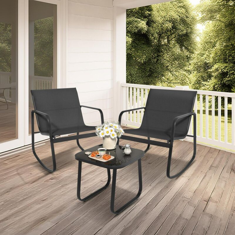 Uforic 3 Pieces Outdoor Patio Conversation Set, Textilene Patio Bistro Set with Coffee Table, Modern Rocking Bistro Chair - Black - Image 2