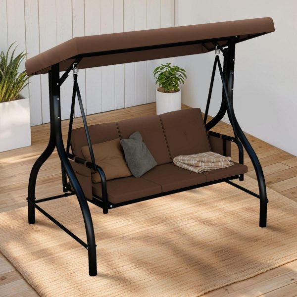 Uforic 3-Seat Deluxe Outdoor Porch Swing with Canopy, Cushions and Pillow for Garden, Balcony(Brown)