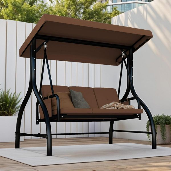 Uforic 3-Seat Outdoor Porch Swing with Adjustable Canopy, Cushions and Pillow for Garden(Brown)