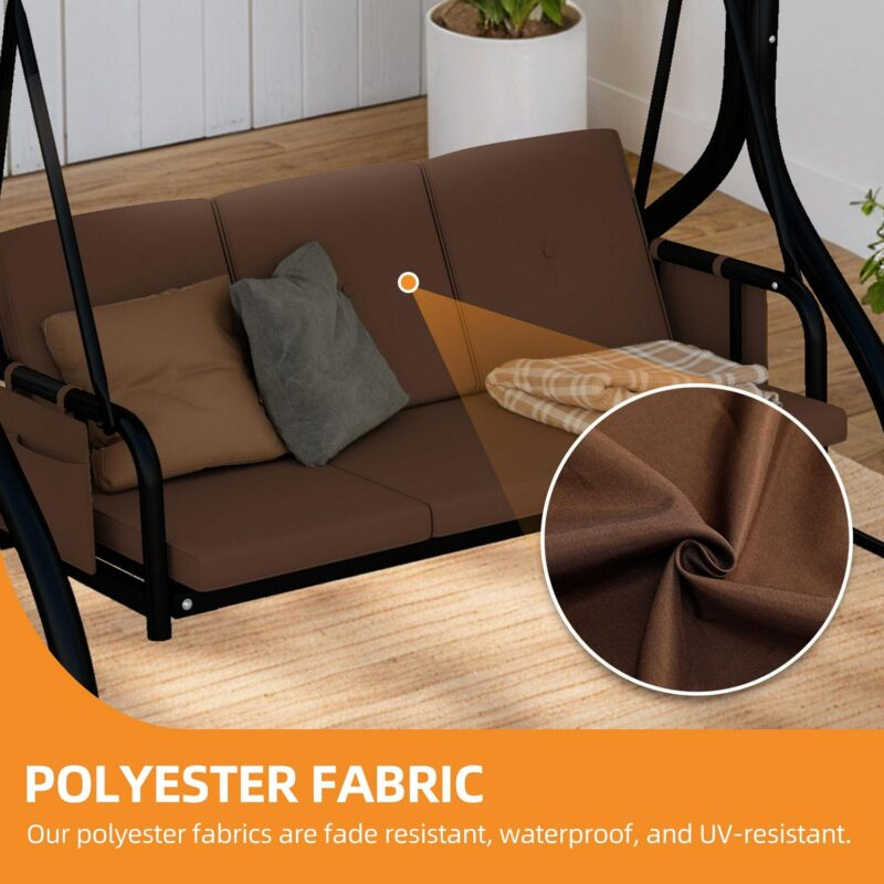 Uforic 3-Seat Outdoor Porch Swing with Adjustable Canopy, Cushions and Pillow for Garden(Brown) - Image 2