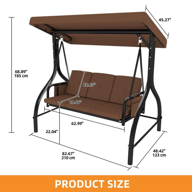 Uforic 3-Seat Outdoor Porch Swing with Adjustable Canopy, Cushions and Pillow for Garden(Brown) - Image 5