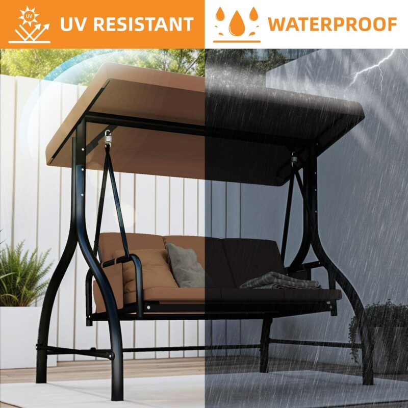 Uforic 3-Seat Outdoor Porch Swing with Adjustable Canopy, Cushions and Pillow for Garden(Brown) - Image 4