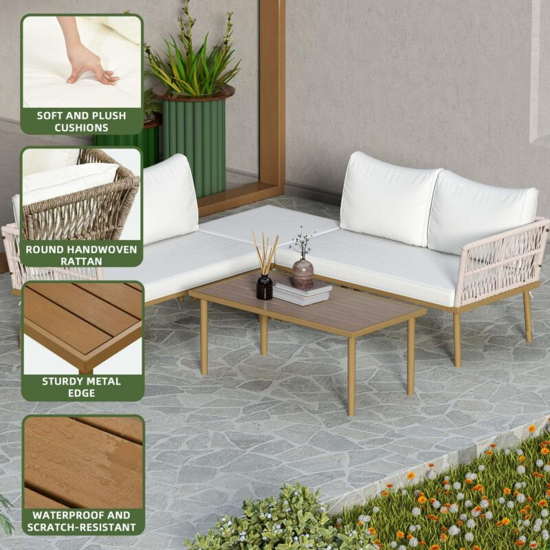 Uforic 4-Piece Outdoor Woven Rope Sectional Sofa Set Patio Furniture Conversation Set, Patio Loveseat with Ottoman and Side Table - Beige - Image 7