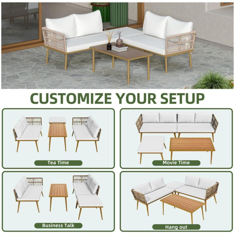 Uforic 4-Piece Outdoor Woven Rope Sectional Sofa Set Patio Furniture Conversation Set, Patio Loveseat with Ottoman and Side Table - Beige - Image 6