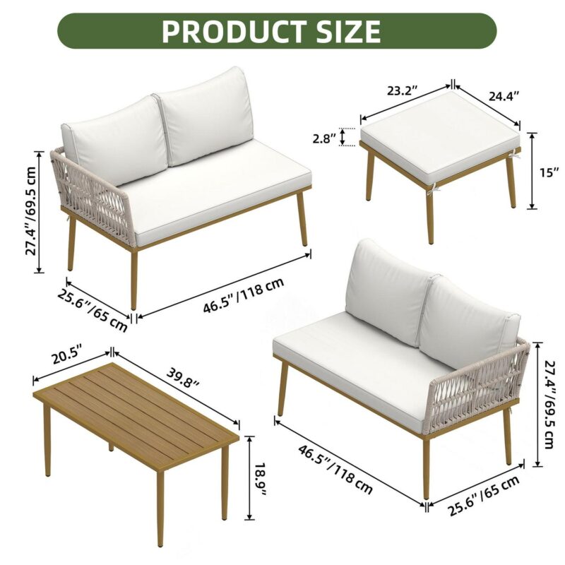 Uforic 4-Piece Outdoor Woven Rope Sectional Sofa Set Patio Furniture Conversation Set, Patio Loveseat with Ottoman and Side Table - Beige - Image 5
