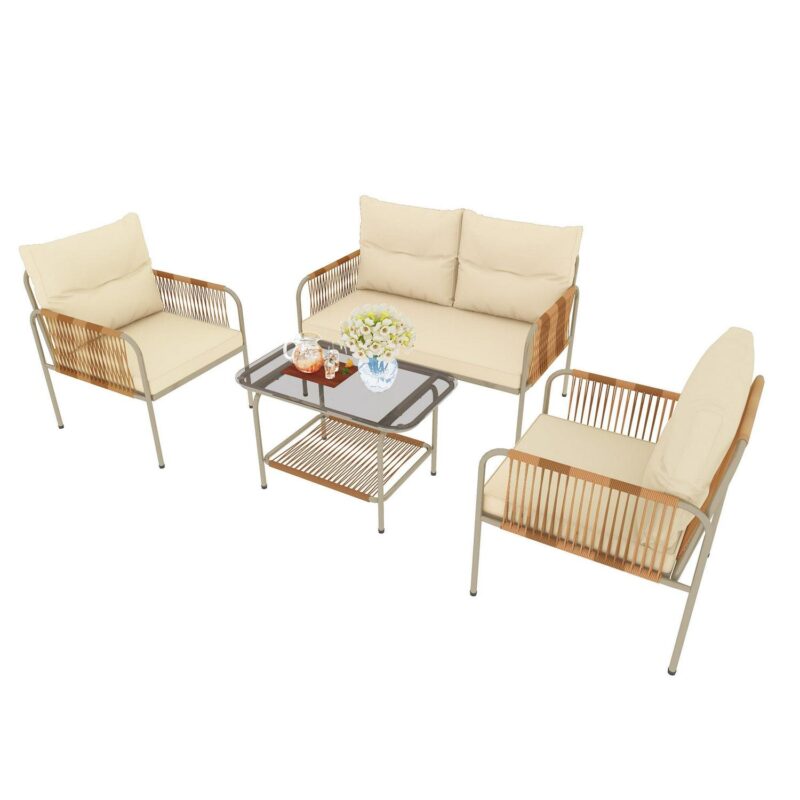 Uforic 4-Piece Outdoor Patio Furniture Set with Wicker Loveseat, Coffee Table, and Cushions - All-Weather Rattan Bistro Set for Backyard, Balcony, Deck - Beige - Image 4