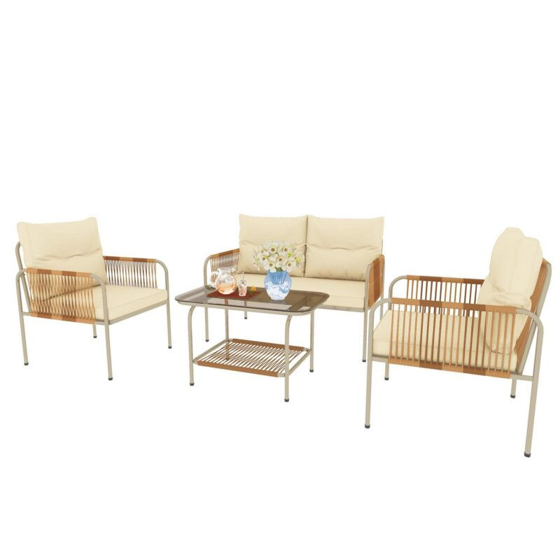 Uforic 4-Piece Outdoor Patio Furniture Set with Wicker Loveseat, Coffee Table, and Cushions - All-Weather Rattan Bistro Set for Backyard, Balcony, Deck - Beige - Image 3