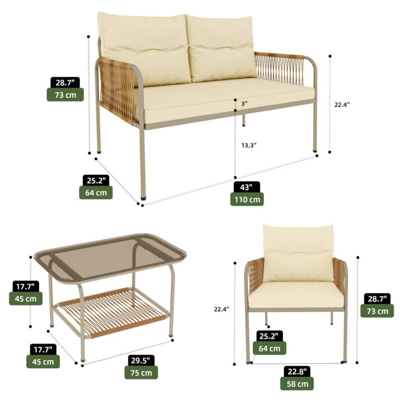 Uforic 4-Piece Outdoor Patio Furniture Set with Wicker Loveseat, Coffee Table, and Cushions - All-Weather Rattan Bistro Set for Backyard, Balcony, Deck - Beige - Image 5