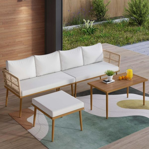 Uforic 4-Piece Outdoor Woven Rope Sectional Sofa Set Patio Furniture Conversation Set, Patio Loveseat with Ottoman and Side Table - Beige
