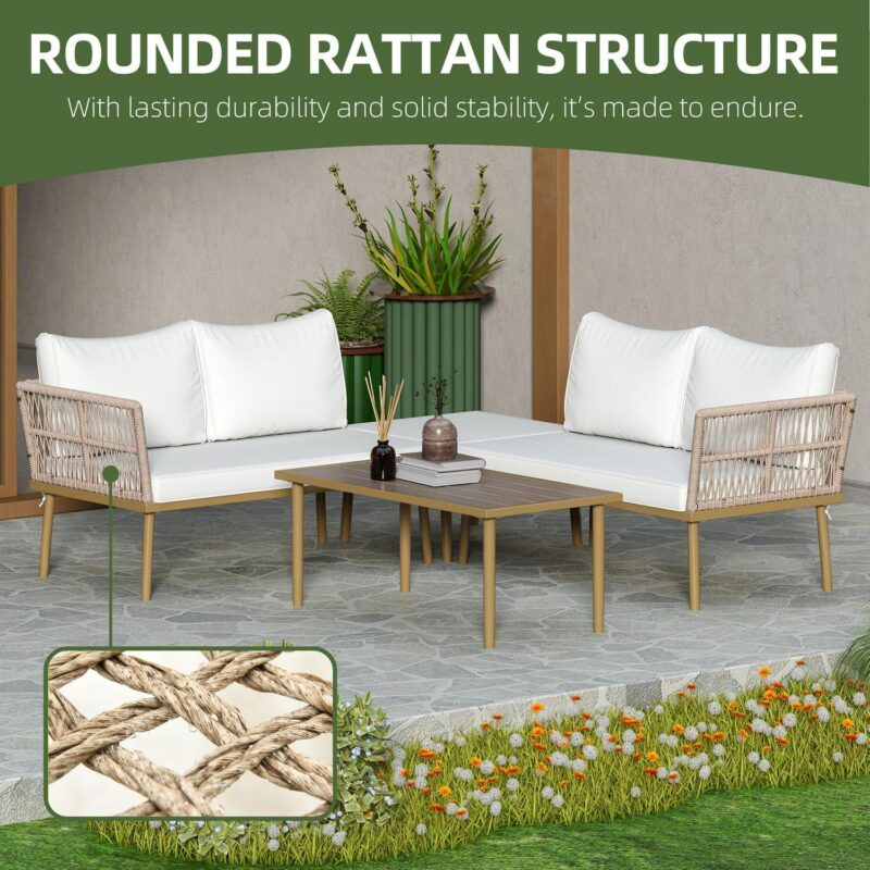 Uforic 4-Piece Outdoor Woven Rope Sectional Sofa Set Patio Furniture Conversation Set, Patio Loveseat with Ottoman and Side Table - Beige - Image 8