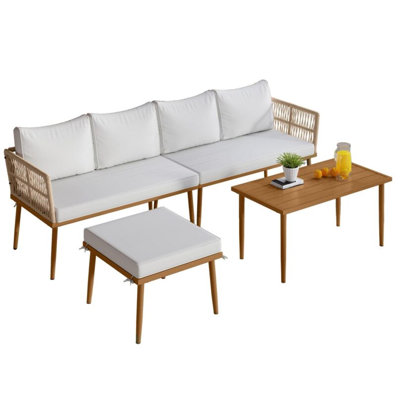 Uforic 4-Piece Outdoor Woven Rope Sectional Sofa Set Patio Furniture Conversation Set, Patio Loveseat with Ottoman and Side Table - Beige - Image 3