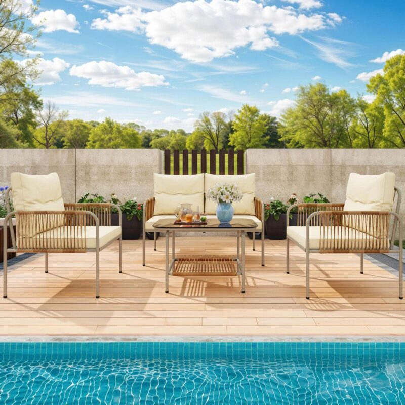 Uforic 4-Piece Outdoor Patio Furniture Set with Wicker Loveseat, Coffee Table, and Cushions - All-Weather Rattan Bistro Set for Backyard, Balcony, Deck - Beige